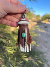 Load image into Gallery viewer, Mini Clip Tassel- Mocha and Bone Leather with Genuine Turquoise Stone Charm
