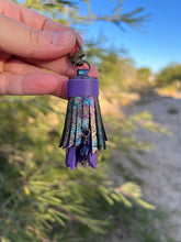 Load image into Gallery viewer, Mini Clip Tassel - Oil Slick and Purple Leather with Genuine Amethyst Stone Charm
