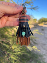 Load image into Gallery viewer, Mini Clip Tassel- Black and Cafe Leather with Genuine Turquoise Stone Charm
