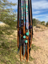 Load image into Gallery viewer, Long Clip Chain Tassel - Cafe and Oil Slick Leather with Genuine Amazonite and Amethyst Beaded Charms
