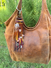 Load image into Gallery viewer, Handmade Autumn Themed Leather Tassel, Brown, Cranberry, Mustard Yellow and Suede
