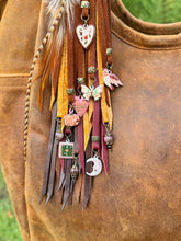 Load image into Gallery viewer, Handmade Autumn Themed Leather Tassel, Brown, Cranberry, Mustard Yellow and Suede

