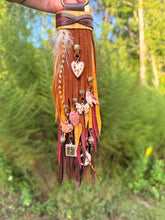 Load image into Gallery viewer, Handmade Autumn Themed Leather Tassel, Brown, Cranberry, Mustard Yellow and Suede
