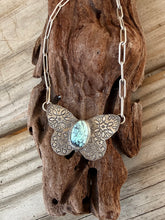 Load image into Gallery viewer, Hand Stamped Sterling Silver Prince Variscite Turquoise Butterfly Necklace
