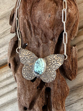 Load image into Gallery viewer, Hand Stamped Sterling Silver Prince Variscite Turquoise Butterfly Necklace
