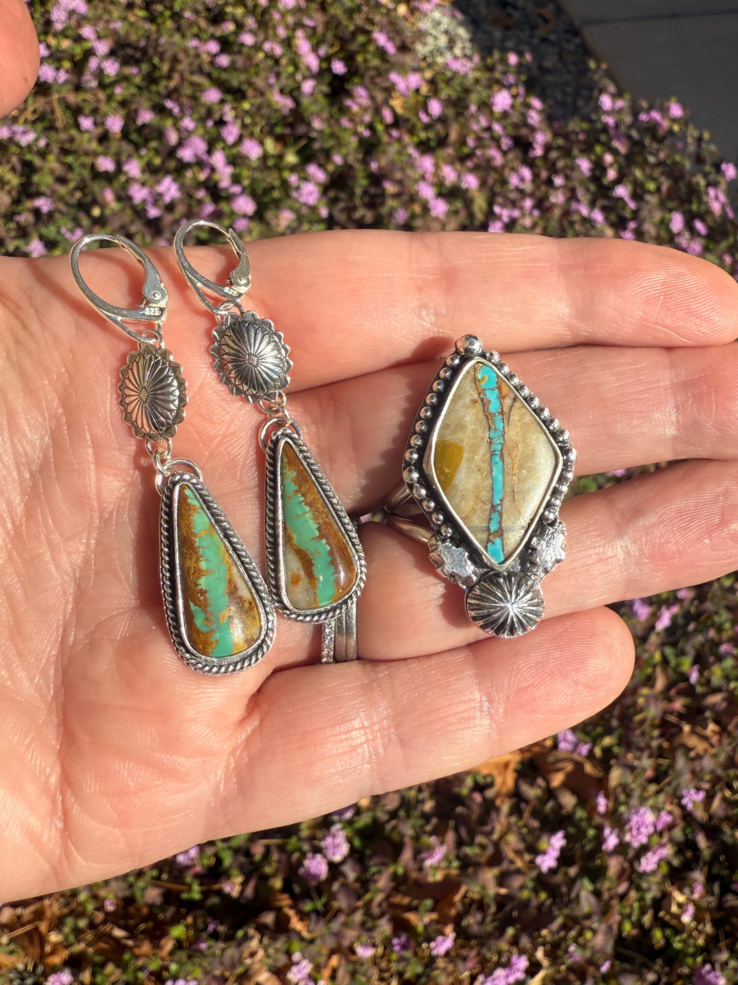 Custom Royston Turquoise Earrings and Ring Set