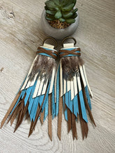 Load image into Gallery viewer, D- Ring Tassel SET - Saddle brown, Robin&#39;s Egg Blue and Bone Cowhide Leather and Feather Accents
