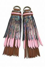 Load image into Gallery viewer, Cafe, Soft pink and Oil Slick Cowhide Leather D- Ring Tassels
