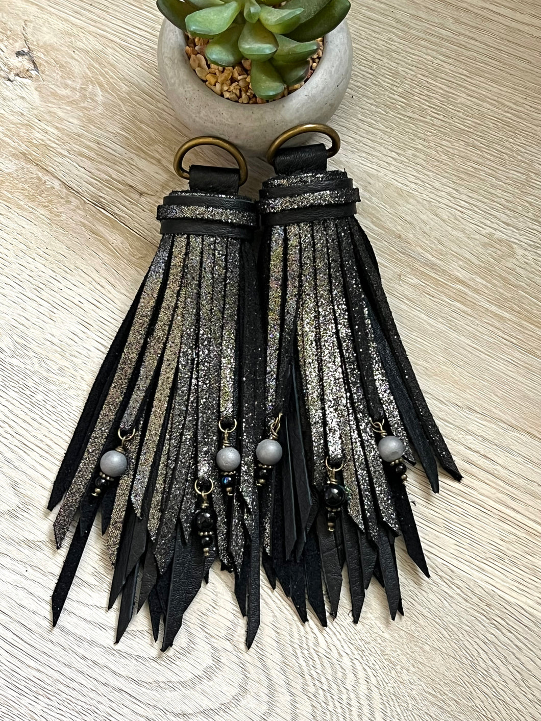D- Ring Tassels - Silver Sparkle and Black Cowhide Leather with Beaded Gemstone Charm Accents