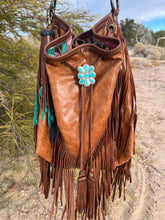 Load image into Gallery viewer, Handmade Sterling Silver Kingman and Sleeping Beauty Turquoise Flower Bag Bolo

