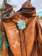 Load image into Gallery viewer, Handmade Sterling Silver Kingman and Sleeping Beauty Turquoise Flower Bag Bolo
