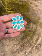 Load image into Gallery viewer, Handmade Sterling Silver Kingman and Sleeping Beauty Turquoise Flower Bag Bolo
