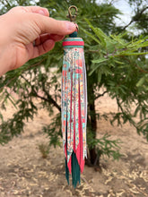 Load image into Gallery viewer, Handmade Dark Teal Green, Coral and Floral Leather Clip Tassel Keychain
