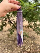 Load image into Gallery viewer, Handmade Purple, Purple Shimmer and Floral Leather Clip Tassel Keychain
