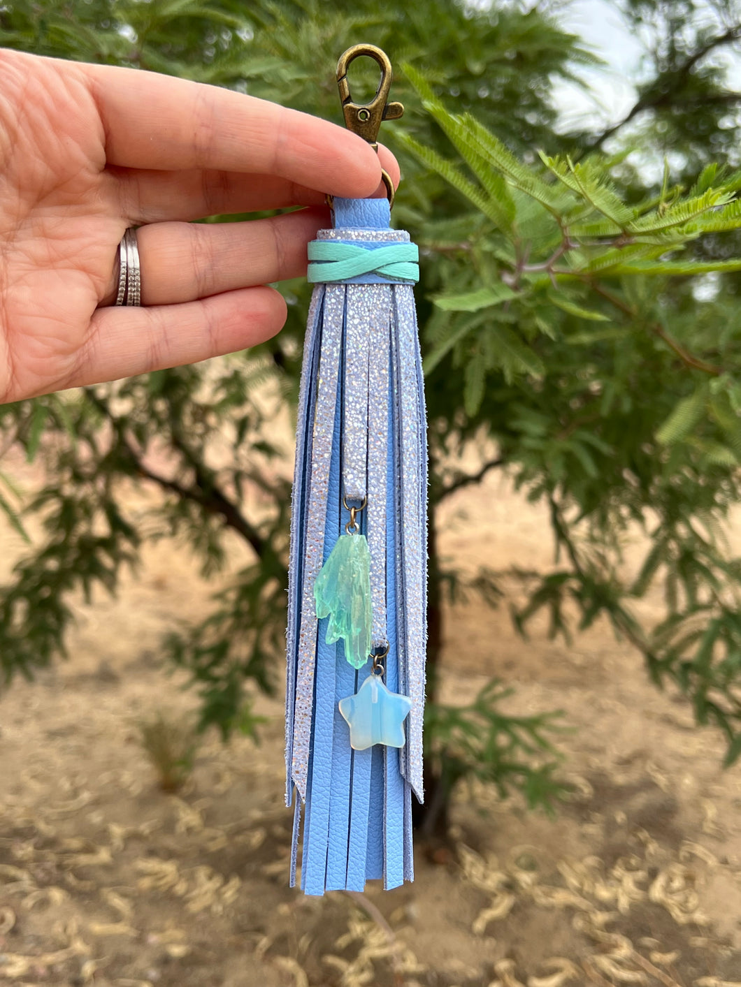 Handmade Periwinkle and Lilac Shimmer Leather Clip Tassel Keychain
