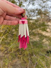 Load image into Gallery viewer, Mini Clip Tassel - Handmade Pink, Magenta and Bone Valentine&#39;s Cowhide Leather Tassel with Heart
