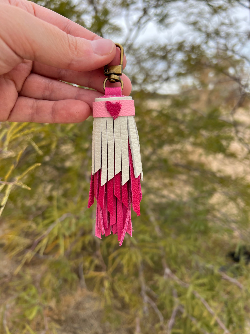 Mini Clip Tassel - Handmade Pink, Magenta and Bone Valentine's Cowhide Leather Tassel with Heart