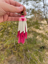 Load image into Gallery viewer, Mini Clip Tassel - Handmade Pink, Magenta and Bone Valentine&#39;s Cowhide Leather Tassel with Heart
