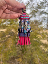 Load image into Gallery viewer, Mini Clip Tassel - Handmade Hot Pink, Purple and Oil Slick Cowhide Leather Tassel with Gemstone Charm
