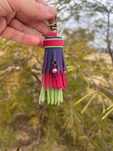 Load image into Gallery viewer, Mini Clip Tassel - Handmade Hot Pink, Purple and Lime Green Cowhide Leather Tassel with Gemstone Charm
