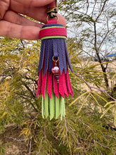 Load image into Gallery viewer, Mini Clip Tassel - Handmade Hot Pink, Purple and Lime Green Cowhide Leather Tassel with Gemstone Charm
