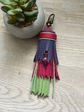 Load image into Gallery viewer, Mini Clip Tassel - Handmade Hot Pink, Purple and Lime Green Cowhide Leather Tassel with Gemstone Charm
