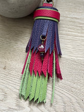 Load image into Gallery viewer, Mini Clip Tassel - Handmade Hot Pink, Purple and Lime Green Cowhide Leather Tassel with Gemstone Charm
