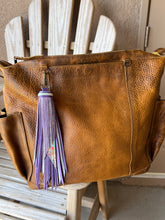 Load image into Gallery viewer, Handmade Purple, Purple Shimmer and Floral Leather Clip Tassel Keychain
