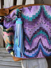 Load image into Gallery viewer, Handmade Periwinkle and Lilac Shimmer Leather Clip Tassel Keychain
