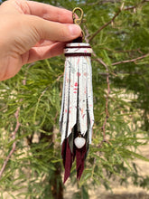 Load image into Gallery viewer, Handmade Burgundy Suede, Moss Suede and Floral Leather Clip Tassel Keychain

