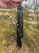 Load image into Gallery viewer, Long Clip Tassel - Black and Silver Shimmer Cowhide Leather with Rose Beaded Charms and Antique Bronze Key Charms
