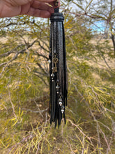 Load image into Gallery viewer, Long Clip Tassel - Black and Silver Shimmer Cowhide Leather with Rose Beaded Charms and Antique Bronze Key Charms
