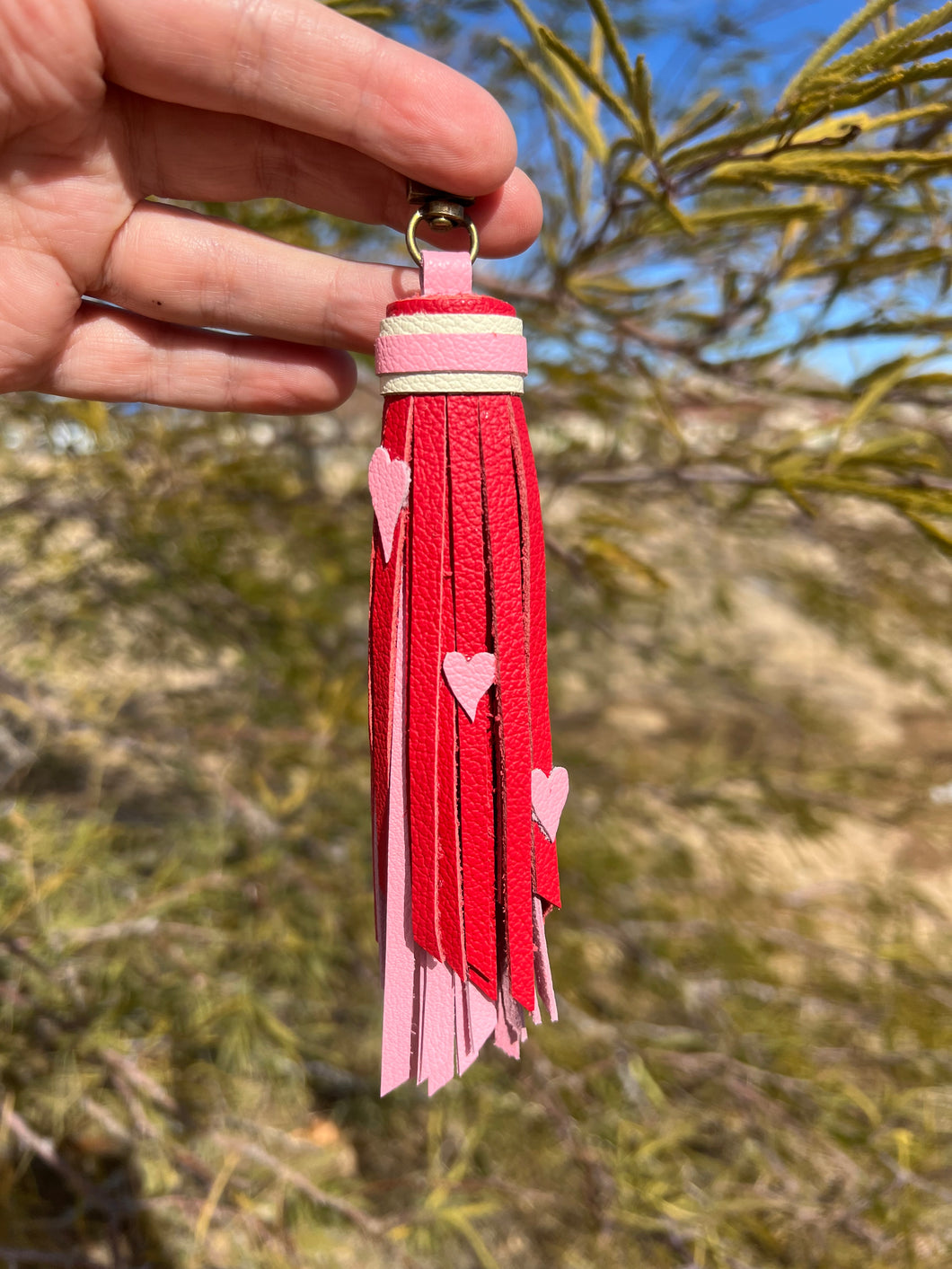 Mini Clip Tassel - Handmade Red and Baby Pink Valentine's Cowhide Leather Tassel with Leather Hearts