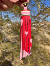 Load image into Gallery viewer, Mini Clip Tassel - Handmade Red and Baby Pink Valentine&#39;s Cowhide Leather Tassel with Leather Hearts
