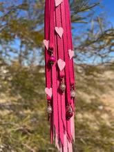 Load image into Gallery viewer, Long Clip Tassel - Valentine&#39;s Cowhide Leather Tassel with Gemstone Beaded Charms and Pink Leather Hearts
