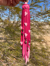 Load image into Gallery viewer, Long Clip Tassel - Valentine&#39;s Cowhide Leather Tassel with Gemstone Beaded Charms and Pink Leather Hearts

