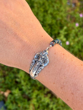 Load image into Gallery viewer, Handmade Vintage Up-Cycled Sterling Silver 1941 Spoon Bracelet with Blue Apatite and Crysocolla
