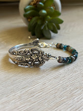 Load image into Gallery viewer, Handmade Vintage Up-Cycled Sterling Silver 1941 Spoon Bracelet with Blue Apatite and Crysocolla
