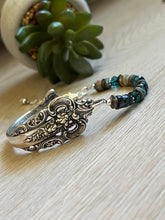 Load image into Gallery viewer, Handmade Vintage Up-Cycled Sterling Silver 1941 Spoon Bracelet with Blue Apatite and Crysocolla
