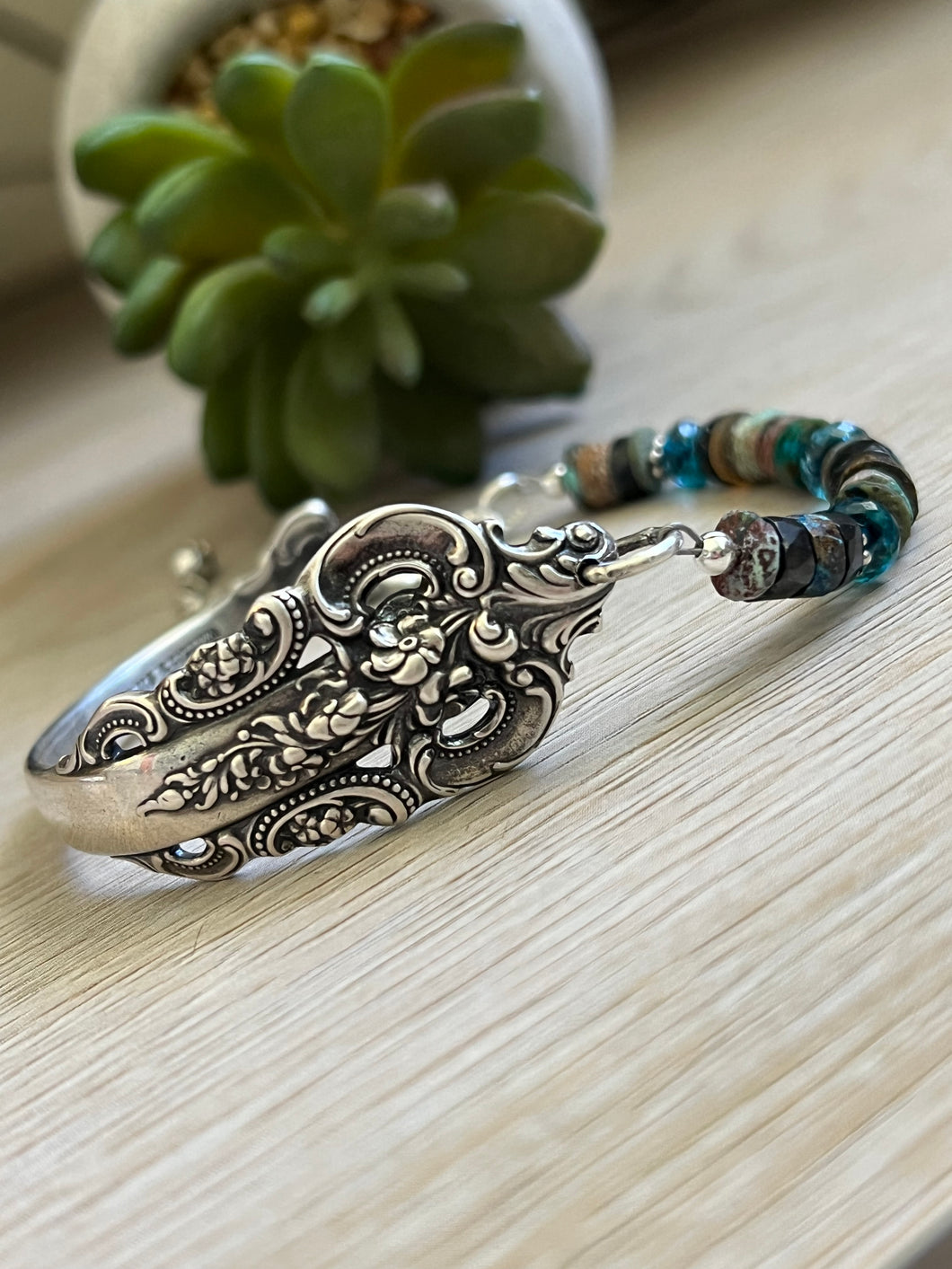 Handmade Vintage Up-Cycled Sterling Silver 1941 Spoon Bracelet with Blue Apatite and Crysocolla
