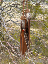 Load image into Gallery viewer, Double Braided Cowhide Leather Tassels - Cafe, Bone and Mocha with Feathers
