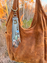 Load image into Gallery viewer, Handmade Leather Clip Tassel, Weathered Sky and Original Granite, Moon and Star Theme
