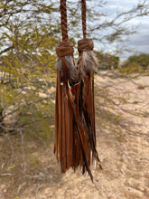 Load image into Gallery viewer, Double Braided Cowhide Leather Tassels - Cafe, Bone and Mocha with Feathers
