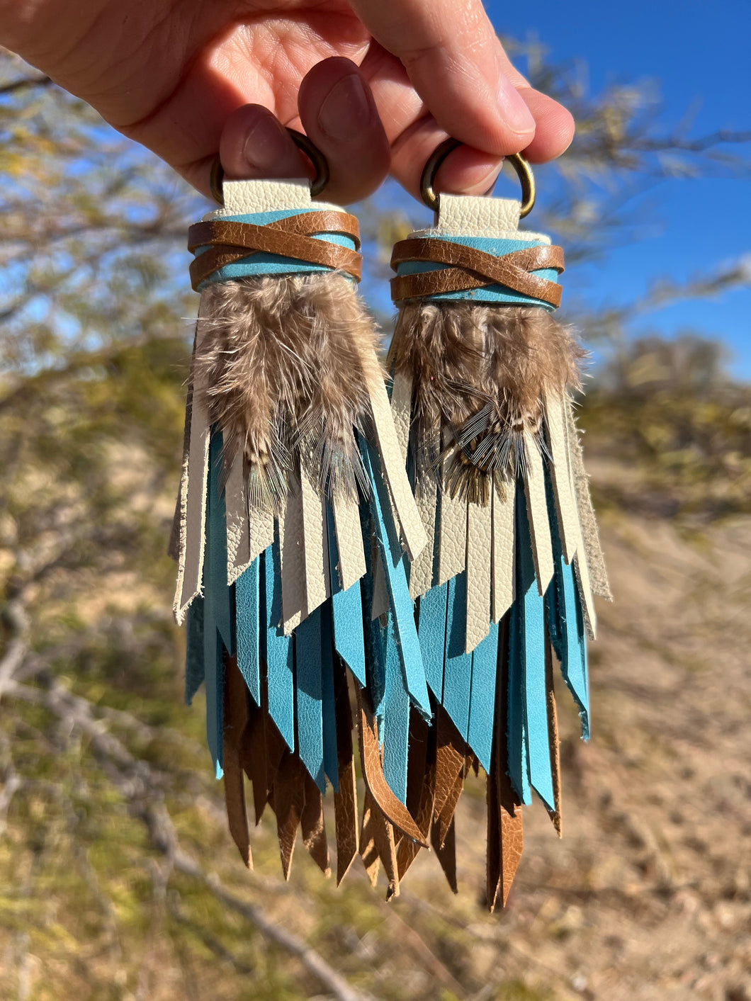 D- Ring Tassel SET - Saddle brown, Robin's Egg Blue and Bone Cowhide Leather and Feather Accents