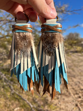 Load image into Gallery viewer, D- Ring Tassel SET - Saddle brown, Robin&#39;s Egg Blue and Bone Cowhide Leather and Feather Accents
