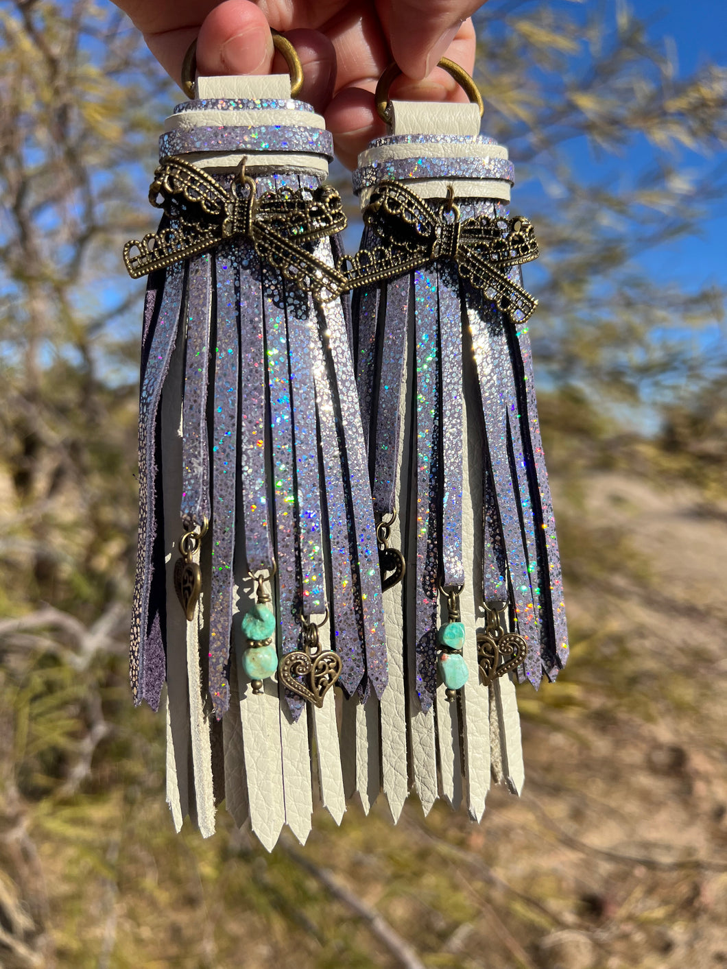D- Ring Tassel SET - Sparkle Lavender and Bone Cowhide Leather with Beaded Turquoise Charm Accents