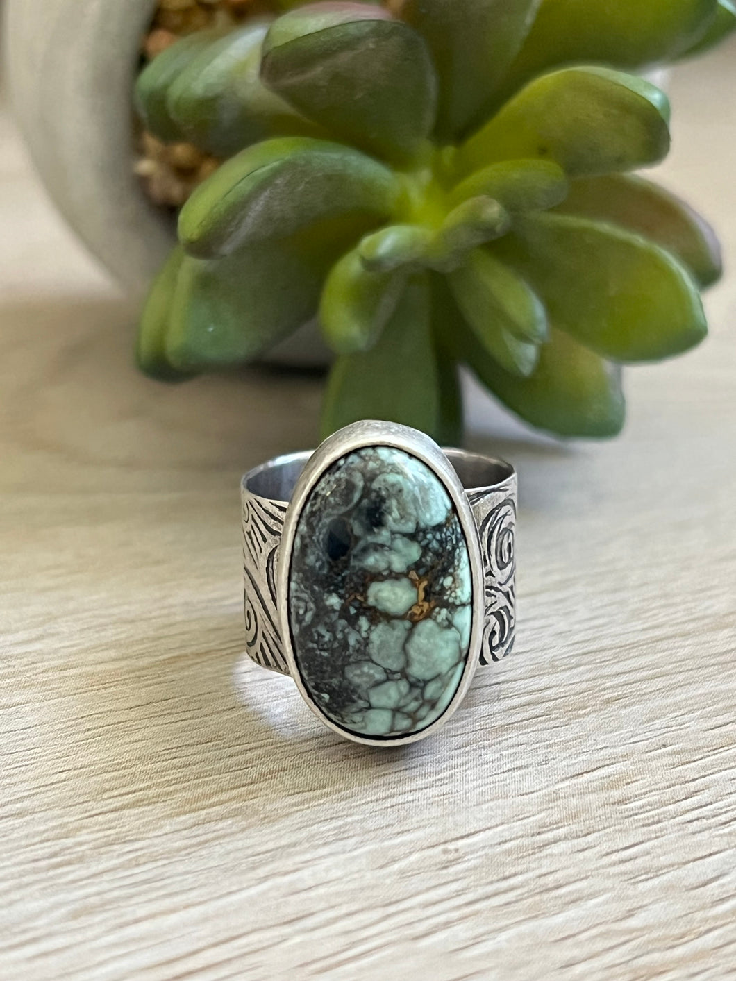 Handmade C & T Variscite Sterling Silver Wide Band Ring - Size 8.75