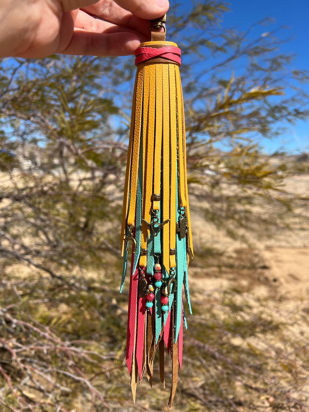 Long Clip Tassel - Saddle, Coral, Aqua and Mustard Cowhide Leather with Beaded Gemstone and Antique Southwest Charms