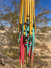 Load image into Gallery viewer, Long Clip Tassel - Saddle, Coral, Aqua and Mustard Cowhide Leather with Beaded Gemstone and Antique Southwest Charms
