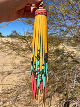 Load image into Gallery viewer, Long Clip Tassel - Saddle, Coral, Aqua and Mustard Cowhide Leather with Beaded Gemstone and Antique Southwest Charms
